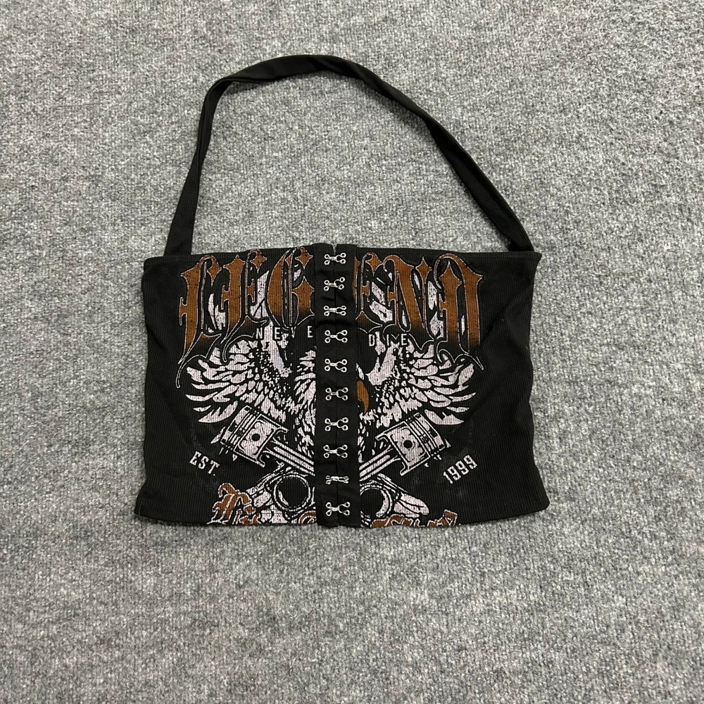 Fashion Nova Halter Top Womens XL Black Ribbed Graphic Hook Eye Biker Cropped